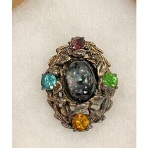 Vintage Black Confetti Cabochon and Multi-colored rhinestone brooch, unsigned